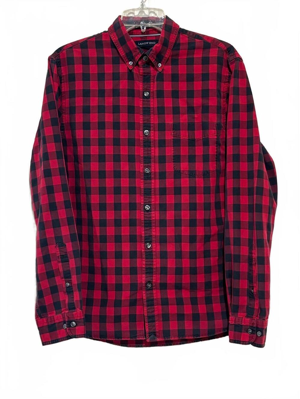 Lands' End Men's Slim Fit Red and Black Checkered Button-Up Shirt Medium